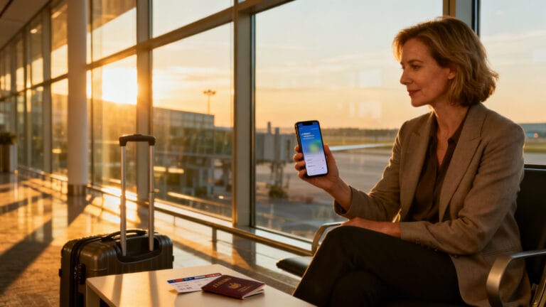 Voyageuse activant Airalo sur smartphone à l’aéroport