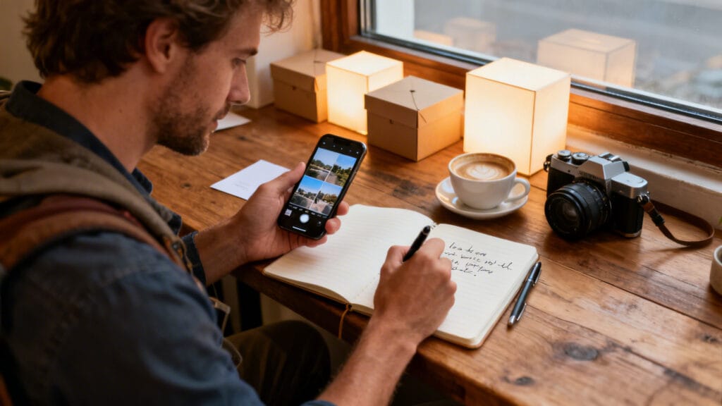 Voyageur ajoutant photos et notes au carnet numérique