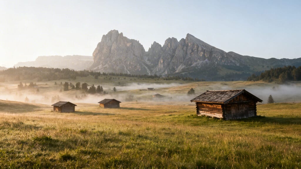 Alpage avec chalets et montagnes sous une brume dorée