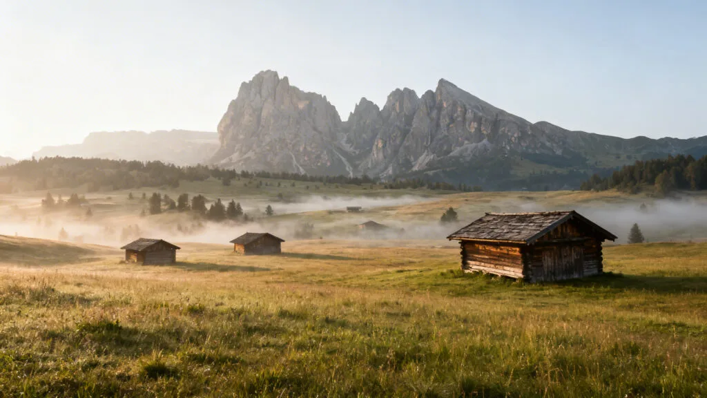 Alpage avec chalets et montagnes sous une brume dorée