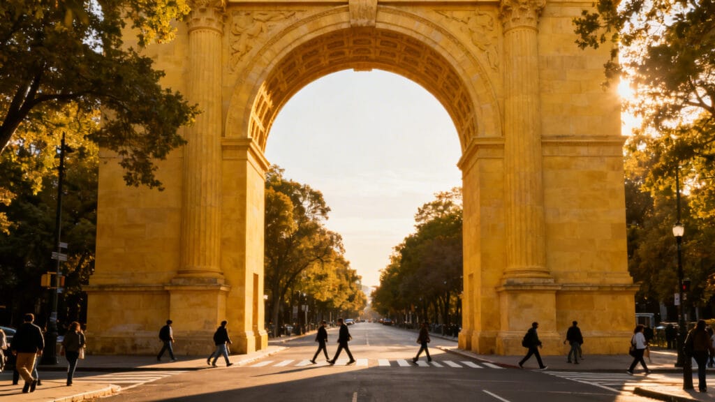 Arc monumental en pierre et perspective urbaine