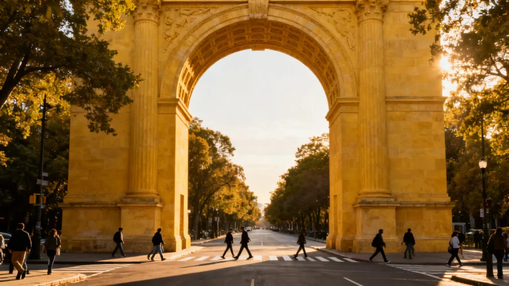 Arc monumental en pierre et perspective urbaine