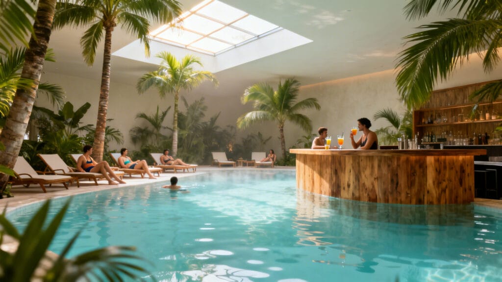 Bassin tropical sous palmiers et bar, parc aquatique en Allemagne