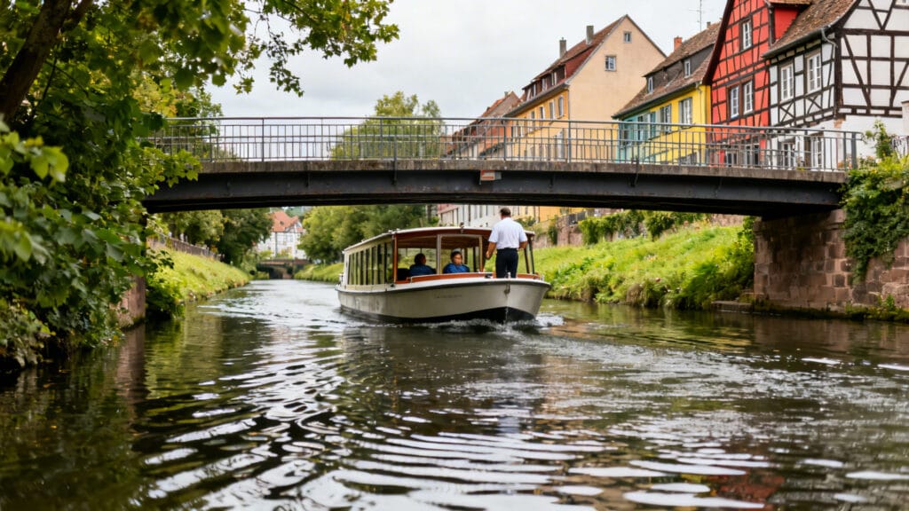 Barque à fond plat sous une passerelle sur un canal calme