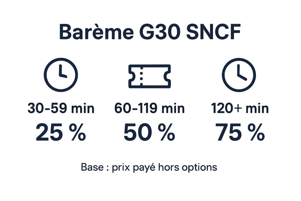 Barème indemnisation G30 selon minutes de retard