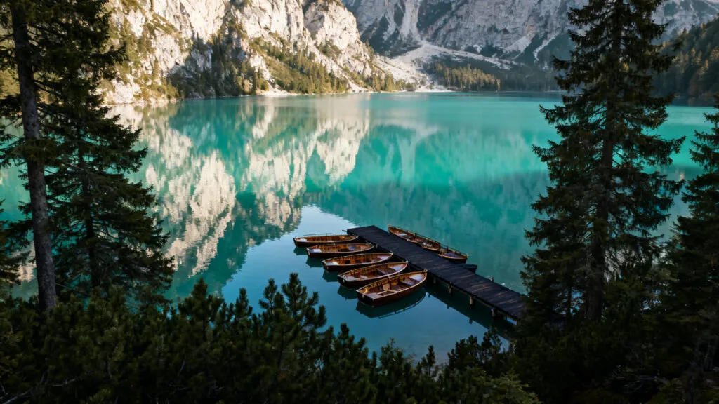 Barques alignées sur un lac turquoise alpin calme