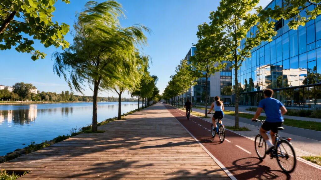 Berges aménagées d’un fleuve urbain et immeubles modernes