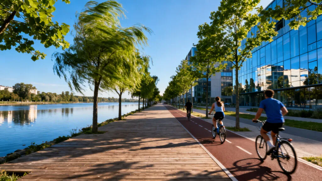 Berges aménagées d’un fleuve urbain et immeubles modernes