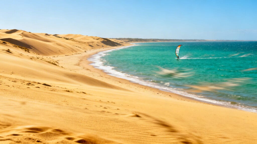 Grande plage ventée idéale pour le kitesurf en mars