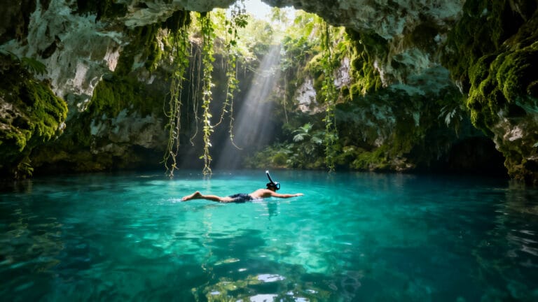 Eaux turquoise des cénotes du Mexique sous la lumière
