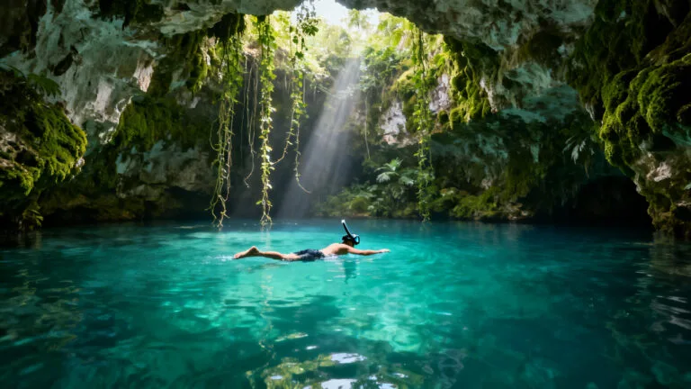 Eaux turquoise des cénotes du Mexique sous la lumière