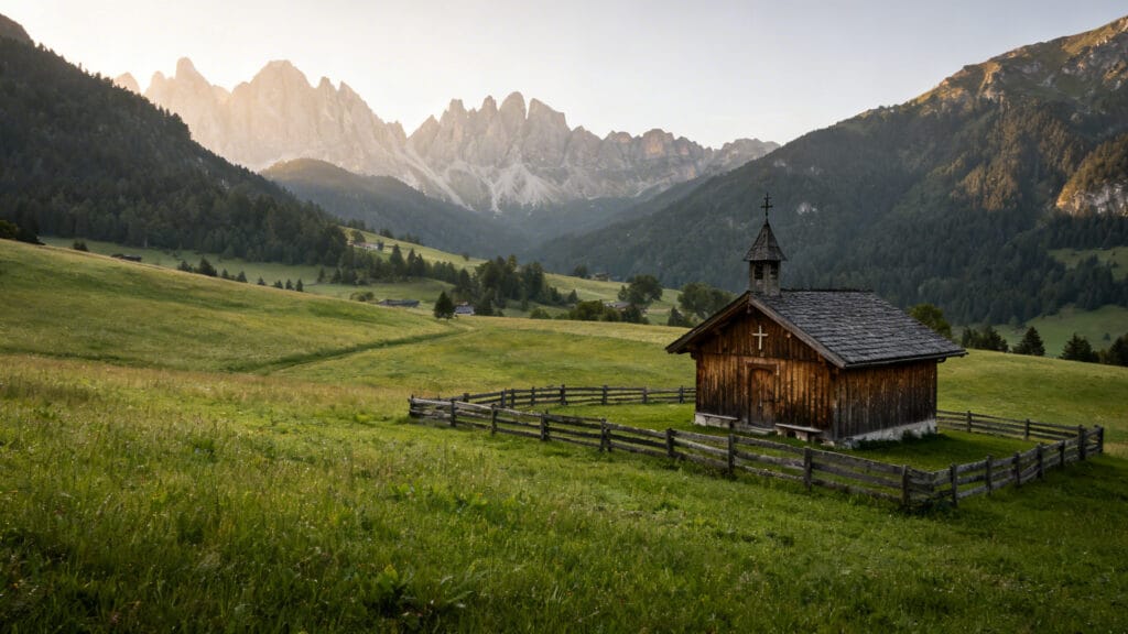 Petite chapelle dans une prairie face à des pics dentelés