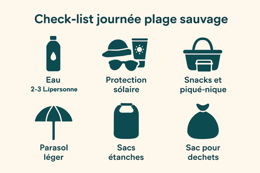 Infographie check‑list : eau, protection solaire, parasol, sacs étanches