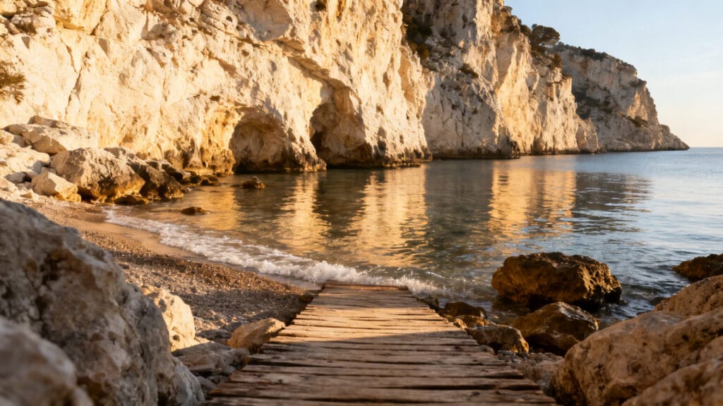 Crique méditerranéenne ensoleillée, eau claire et calme