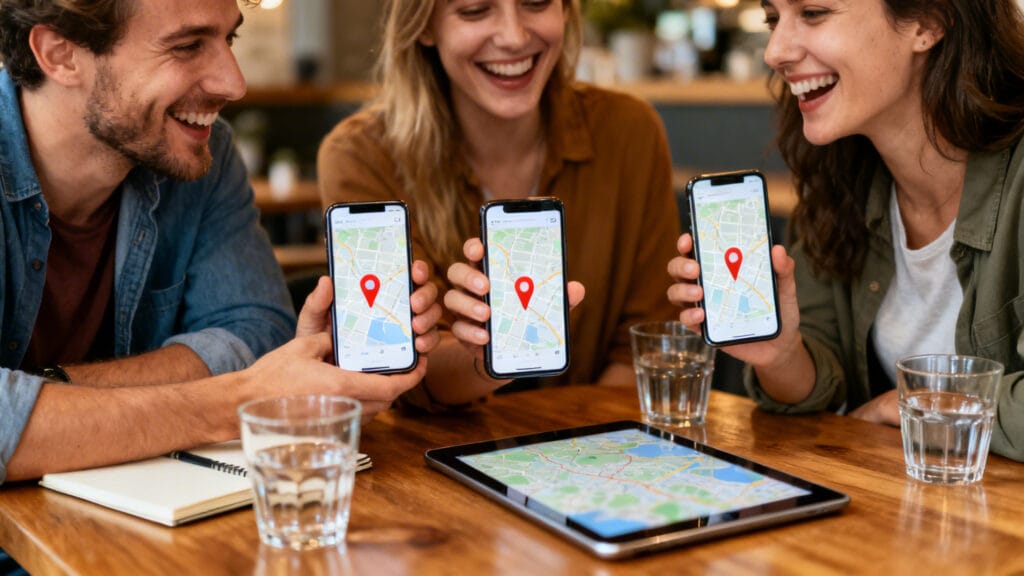 Voyageurs coordonnant un itinéraire collaboratif sur smartphones