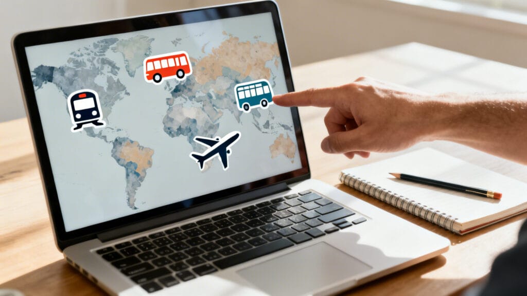 Écran affichant train, bus, avion avec durées estimées