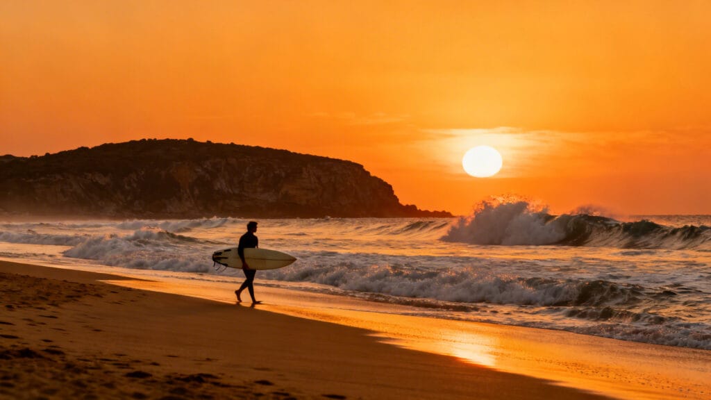 Surfeur sur plage sauvage, coucher de soleil orange