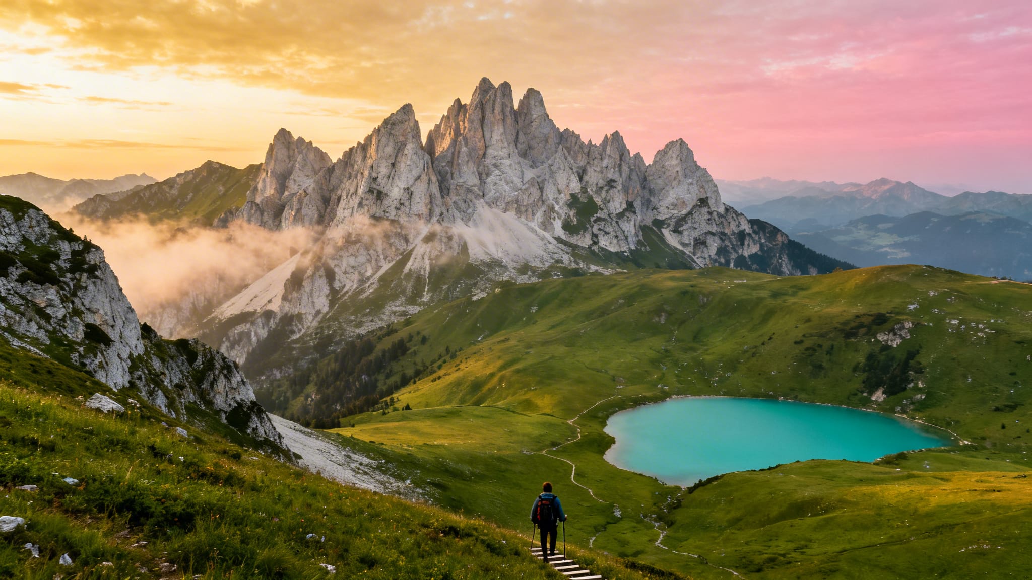 Lac turquoise et pics calcaires dans les Dolomites en Italie