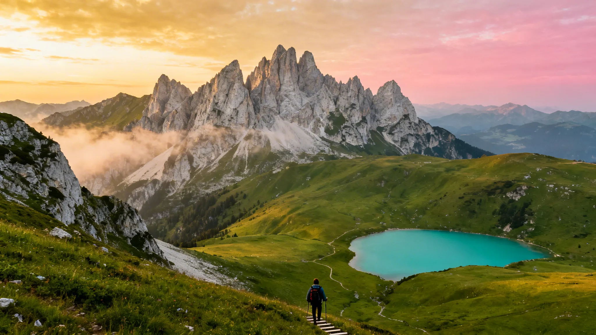 Lac turquoise et pics calcaires dans les Dolomites en Italie
