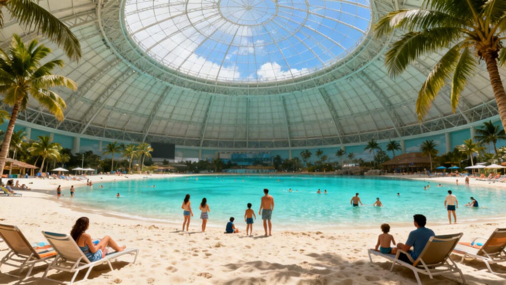 Dôme tropical avec plage intérieure et lagon, piscine intérieure géante
