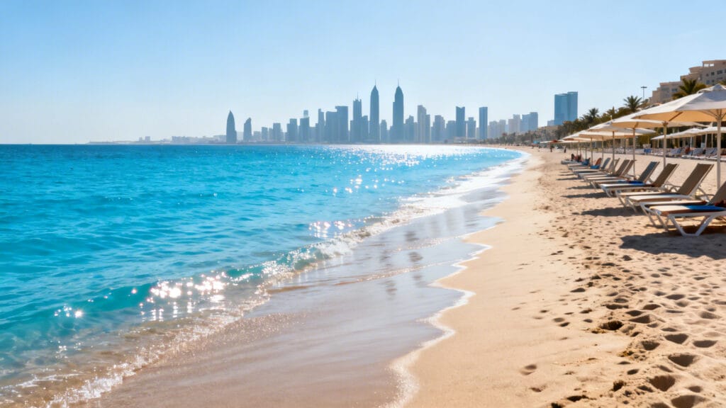 Plage urbaine ensoleillée avec skyline moderne au loin