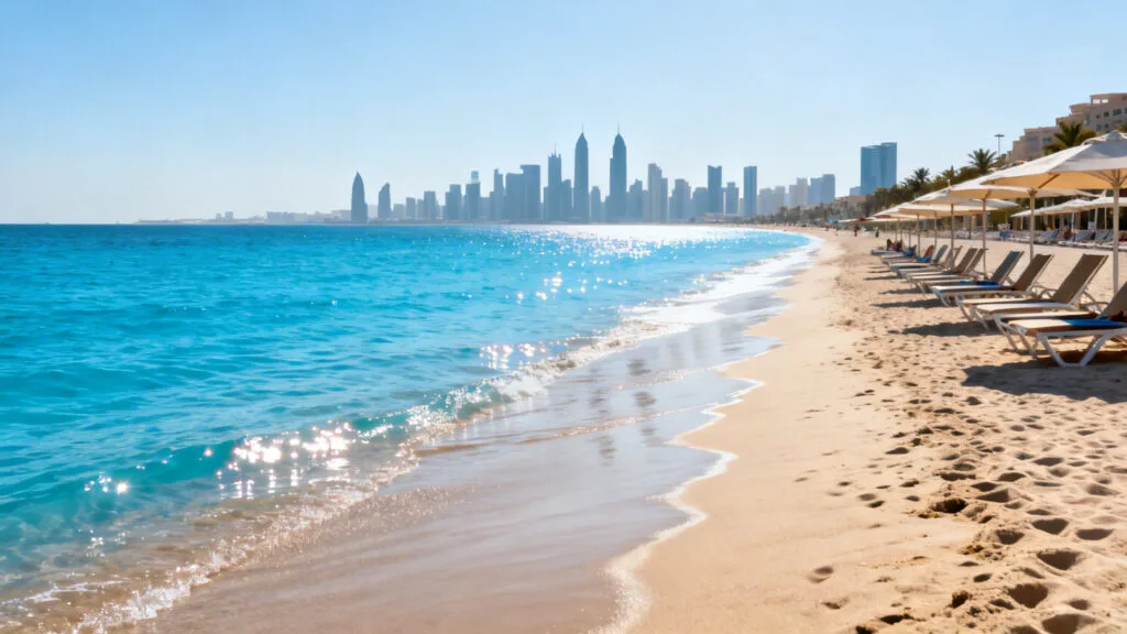 Plage urbaine ensoleillée avec skyline moderne au loin