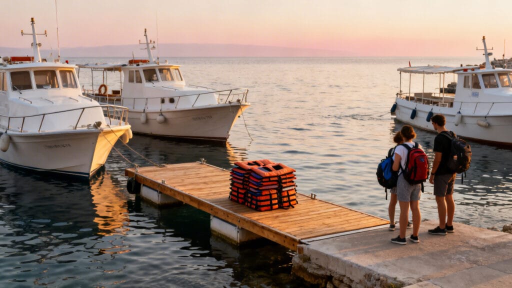 Embarcadère avec navettes et passagers, mer calme au port