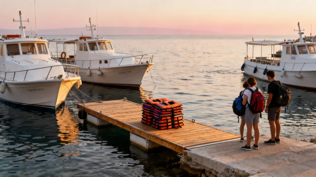 Embarcadère avec navettes et passagers, mer calme au port