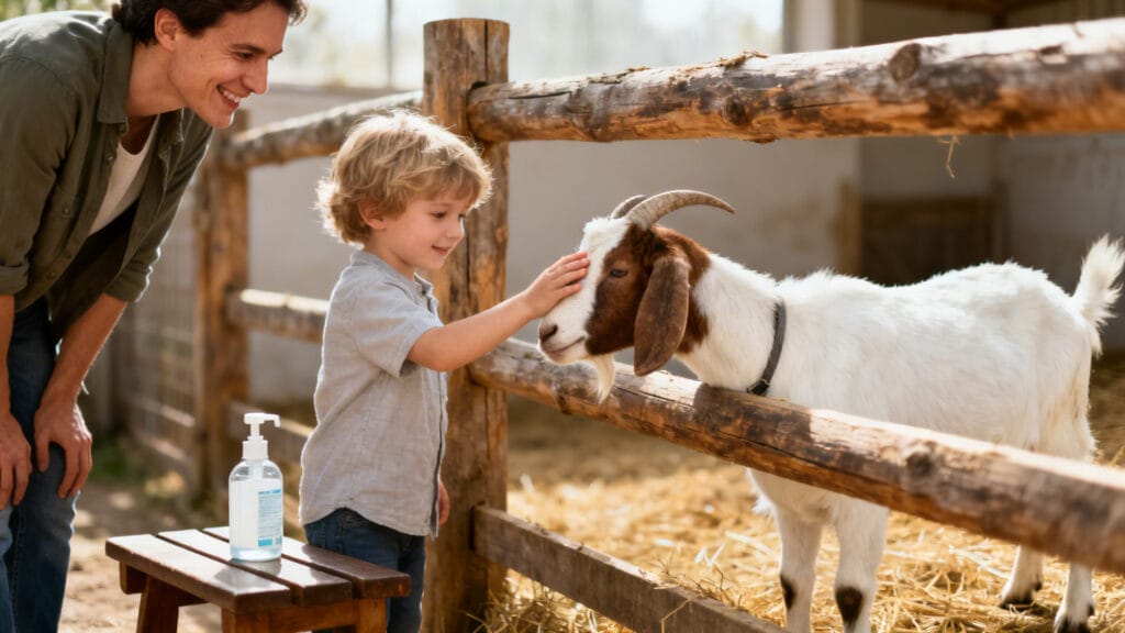 Enfant caressant une chèvre, animaux de ferme à caresser