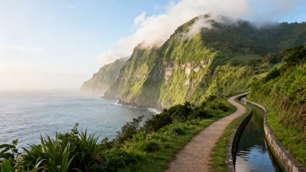 Paysage verdoyant et océan, rando au soleil au printemps