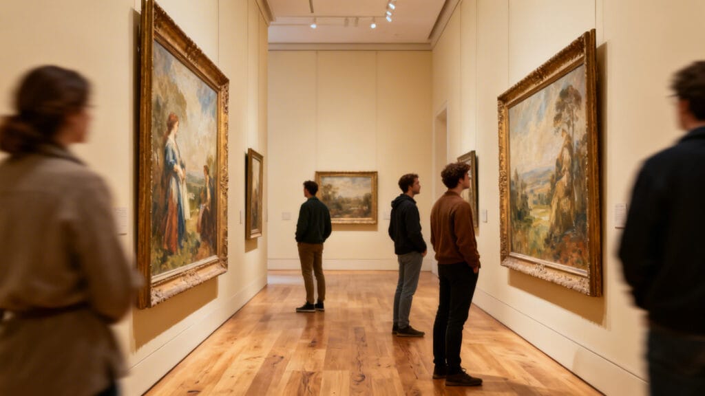Galerie d’art lumineuse avec toiles classiques et visiteurs