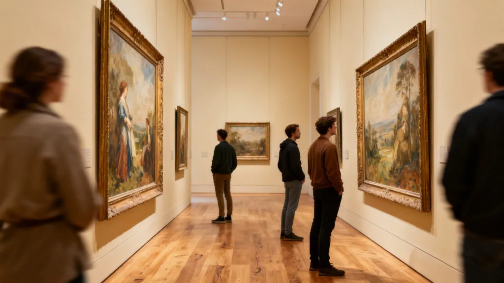 Galerie d’art lumineuse avec toiles classiques et visiteurs