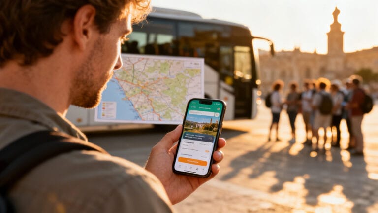 Réservation GetYourGuide sur smartphone dans un décor urbain