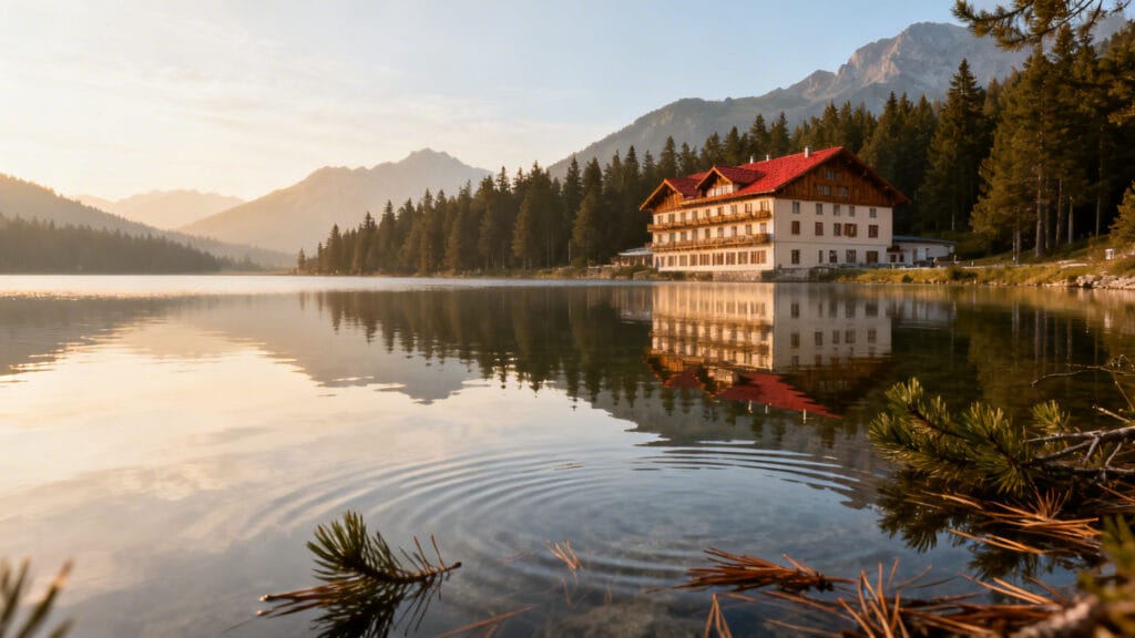 Lac alpin avec hôtel rétro et reflets matinaux