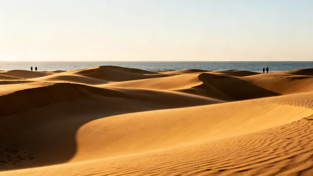 Dunes dorées et océan bleu sous ciel limpide