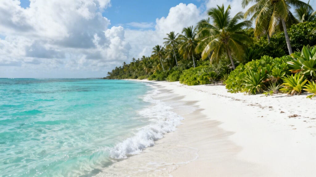 Plage antillaise avec eau turquoise et végétation