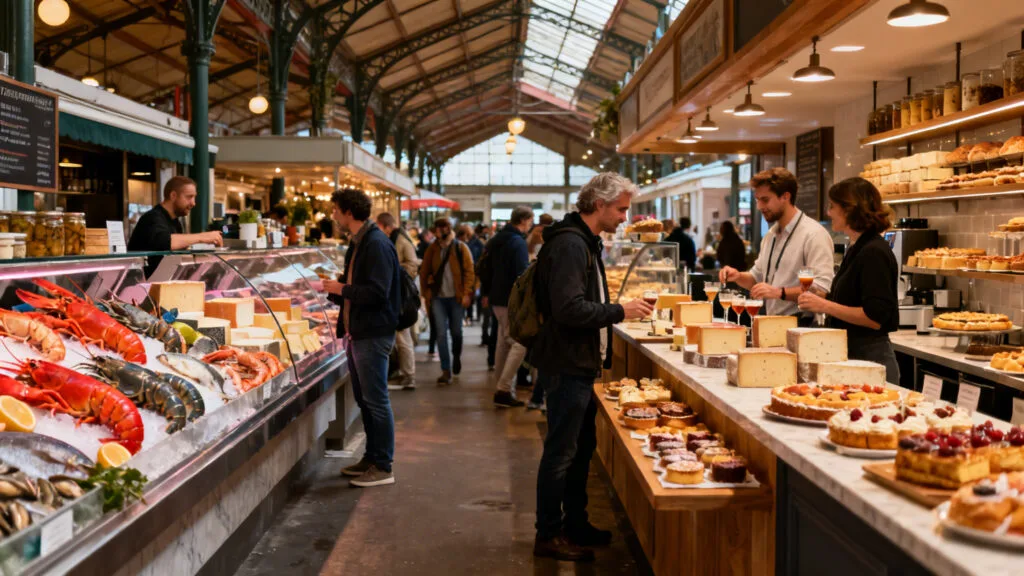 Halles couvertes avec étals de fruits de mer et vins