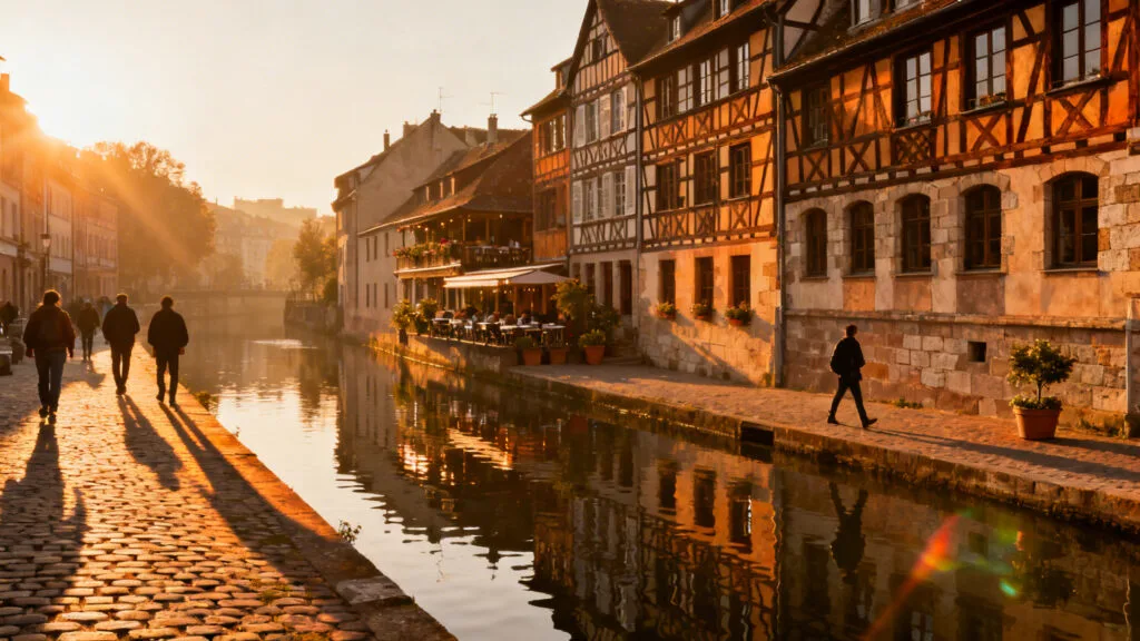 Golden hour sur un canal avec reflets et façades colorées