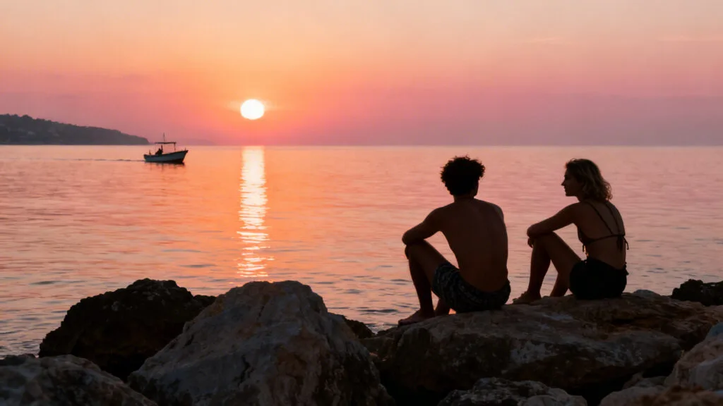 Sunset à Ibiza, silhouettes détendues sur une plage calme