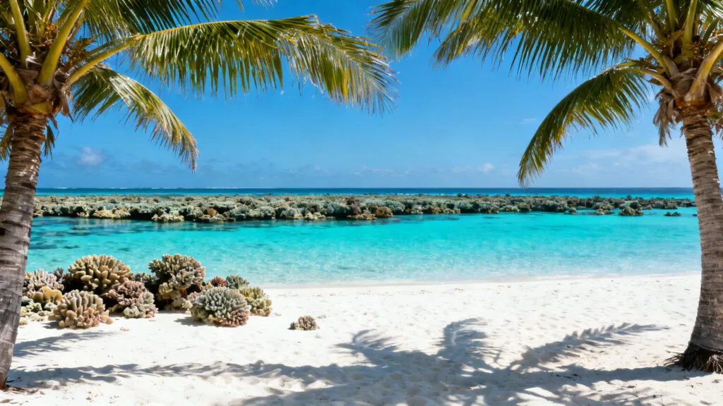 Lagon turquoise calme, cocotiers et sable blanc en mai