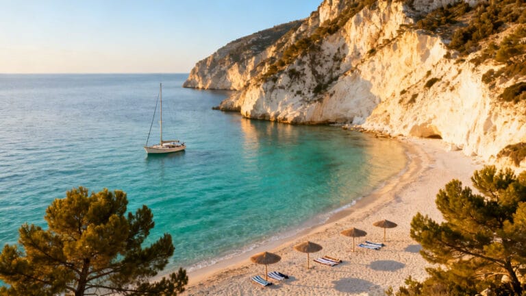 Crique turquoise sous pins, voilier au large, îles baléares