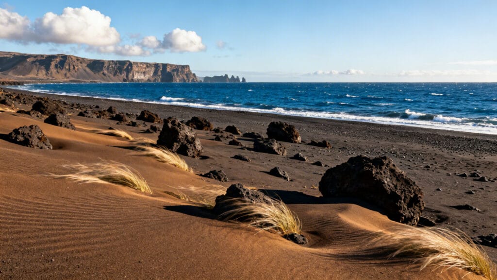 Plage volcanique et océan pour un soleil proche en mars