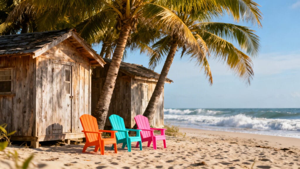 Cabanes de plage colorées sous grands cocotiers