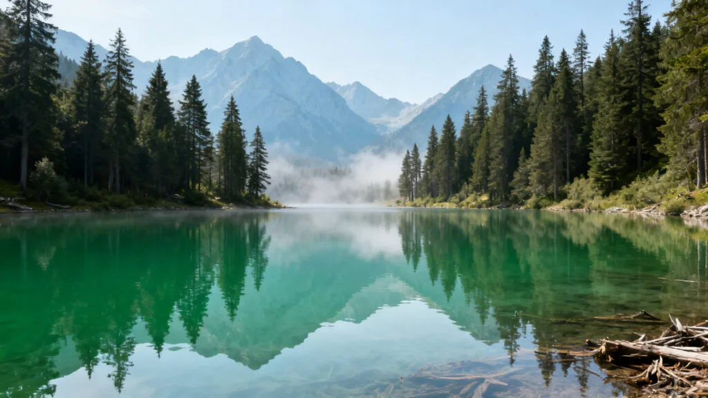 Lac émeraude entouré de forêt et sommets calcaires