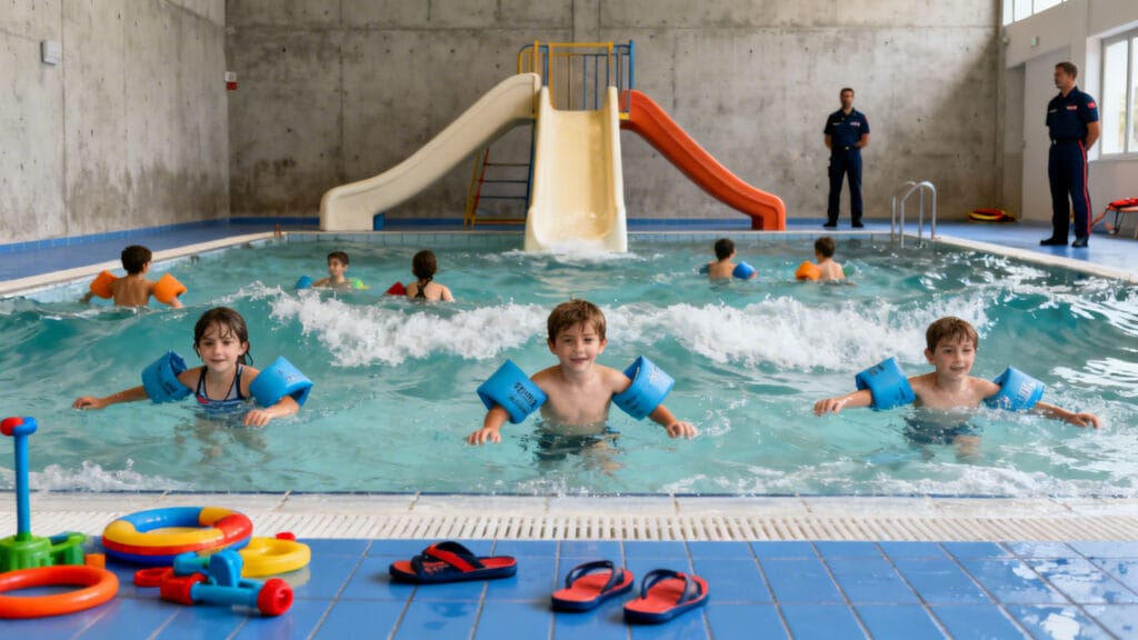 Piscine à vagues familiale avec zones enfants, parc aquatique famille