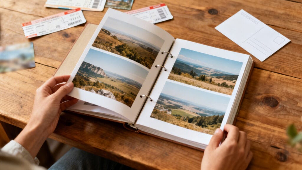 Album photo de voyage ouvert, impression papier de qualité
