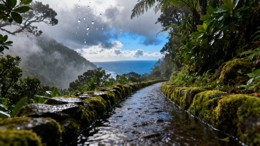 Sentier de levada ombragé face à l’océan