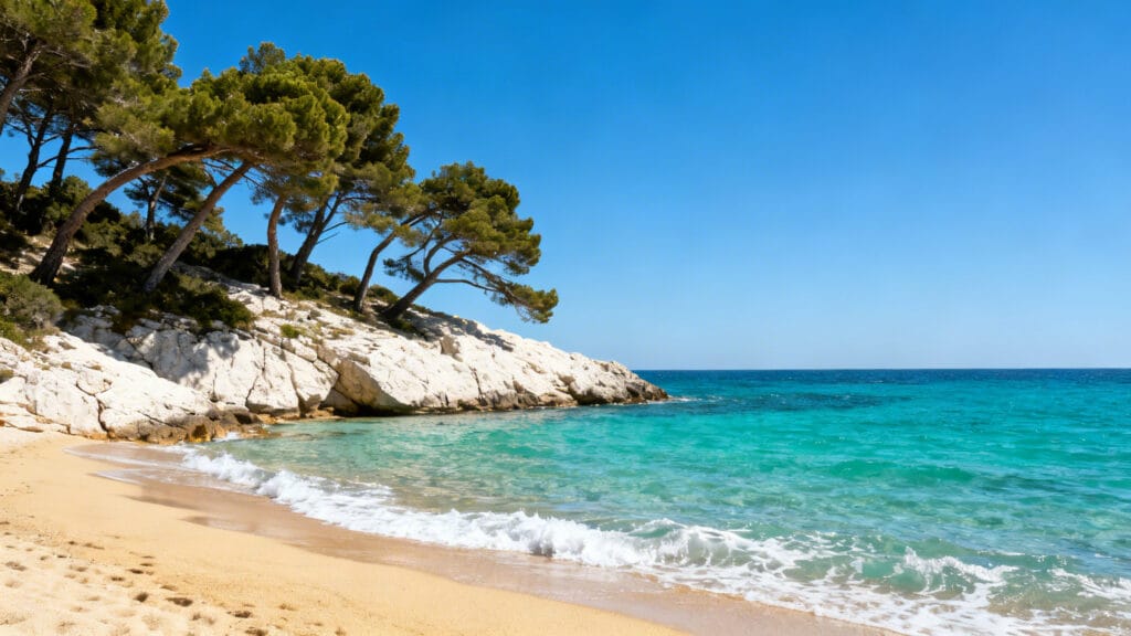 Cala turquoise bordée de pins, parfaite au printemps