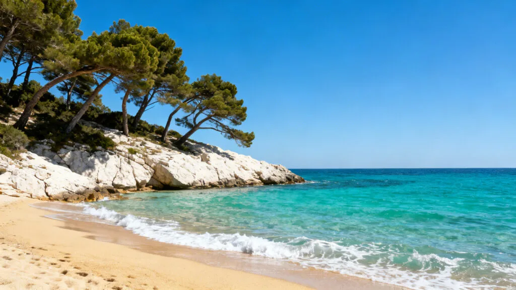 Cala turquoise bordée de pins, parfaite au printemps