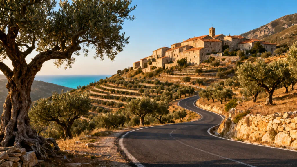 Route de montagne et village en pierre avec vues sur Majorque